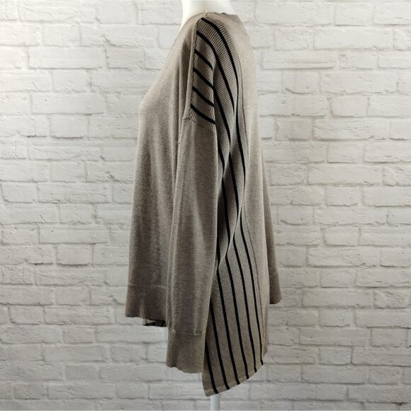 Y Retrology Women's Brown Taupe Black Striped Asymmetrical Crewneck Sweater M - Picture 3 of 13